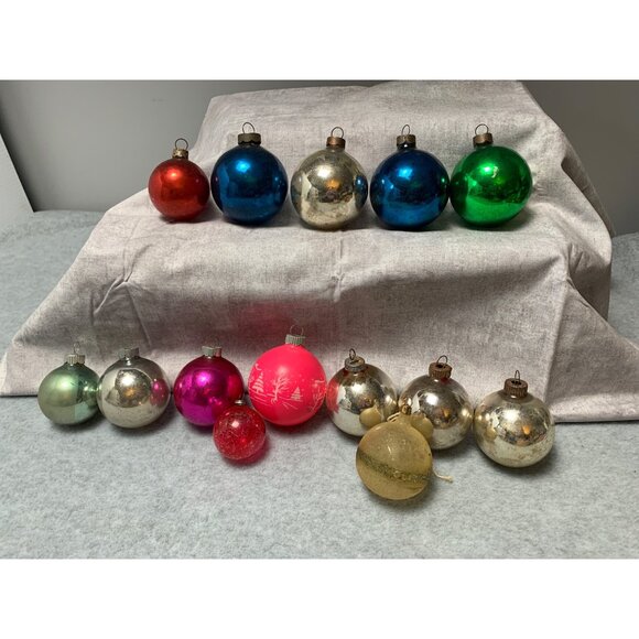 Vintage Glass Christmas Ornaments Set 14 Assorted Metallic Shine Unique Designs - Picture 1 of 12